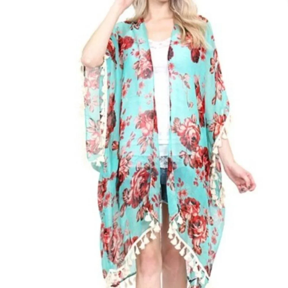 RIAH Green Kimono Floral Fringe Plus EUC 1X 2X L XL - Picture 5 of 8